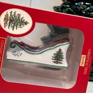 Spode Xmas Tree Sled Ornament Porcelain Holiday Ornament NIB